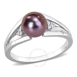 7-7.5mm Black Freshwater Cultured Pearl and Diamond Accent Split Shank Ring In Sterling Silver