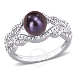 7-7.5mm Black Freshwater Cultured Pearl and Diamond Accent Criss-cross Ring In Sterling Silver