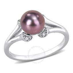 7-7.5mm Black Freshwater Cultured Pearl and White Topaz Split Shank Ring In Sterling Silver