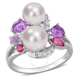 Cultured Freshwater Pearl and 1 3/8 CT TGW Multi-gemstone Cocktail Ring In Sterling Silver