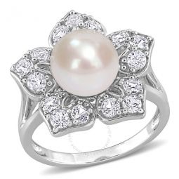 8.5-9mm Freshwater Cultured Pearl and 1 1/3 CT TGW Created White Sapphire Floral Pearl Ring In Sterling Silver