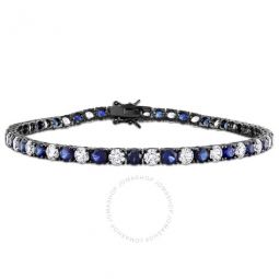 15 1/2 CT TGW Created White and Blue Sapphire Mens Tennis Bracelet in Black Rhodium Plated Sterling Silver