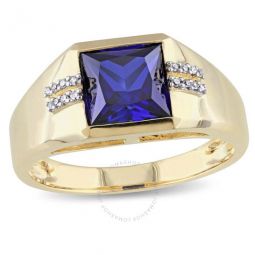 3 CT TGW Square-shape Created Blue Sapphire and Diamond Mens Ring In 10K Yellow Gold