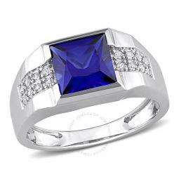 3 1/4 CT TGW Created Blue and White Sapphire Mens Ring In 10K White Gold
