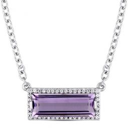 Baguette Cut African Amethyst and White Sapphire Halo Necklace In Sterling Silver