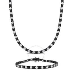 Mens 2-Piece Set 57ct TGW Created White and Black Sapphire Tennis Necklace and Bracelet in Black Silver - 20in & 9in