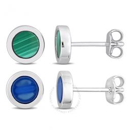 Mens 2-Piece Set 1 1/4ct TGW Blue Agate and Malachite Round Stud Earrings in Sterling Silver