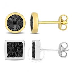 Mens 2-Piece Set of Square and Round Black Diamond Stud Earrings in Yellow and Sterling Silver