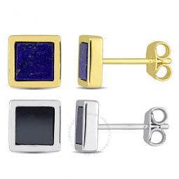 Mens 2-Piece Set 2ct TGW Lapis and Hematite Square Stud Earrings in Yellow and Sterling Silver