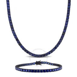 Mens 2-Piece Set 55 1/2ct TGW Created Blue Sapphire Tennis Necklace and Bracelet in Black Silver - 20in & 9in