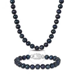 Mens 2-Piece Set 8-8.5mm Black Cultured Freshwater Pearl Necklace and Bracelet with Sterling Silver Clasps - 20in & 9in
