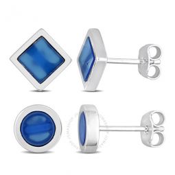Mens 2-Piece Set 1 5/8ct TGW Blue Agate Square and Round Stud Earrings in Sterling Silver