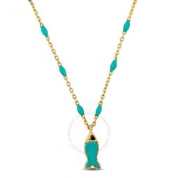 Green Enamel Fish Necklace In 14K Yellow Gold