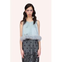 Washed Satin With Lace Top Trimmed With Marabou Feather - Dusty Blue