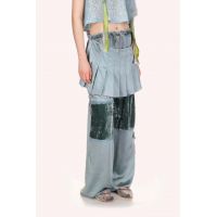 Sequin Chiffon Trimmed Washed Satin Pants - Dusty Blue