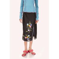 3-D Pansy Embroidered on Linen Skirt - Black Multi