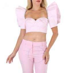 Ladies Pink Crystal Trim Cotton Poplin Crop Top, Brand Size 4