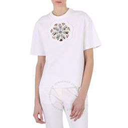 White Mussel Flower Embellished Cutout Jersey T-Shirt, Size Medium