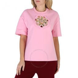 Pink Mussel Flower Embellished Cutout Jersey T-Shirt, Size Medium