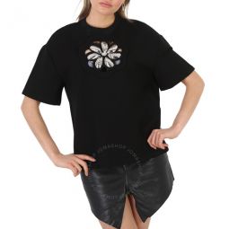 Black Mussel Flower Embellished Cutout Jersey T-Shirt, Size Small