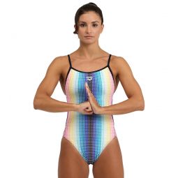 Arena Womens Circle Stripe Lace Back One Piece Swimsuit