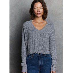 Distressed Cropped Cable V-Neck - Static