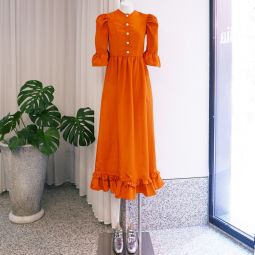Button Up Long Prairie Dress - Orange Moir