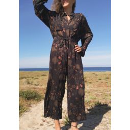 AIRY SUMMER SILKY RAYON WIDE JUMPSUIT - printed black/rust