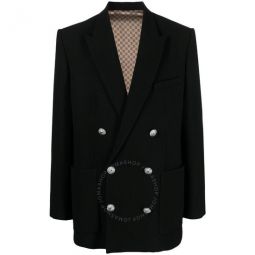 Mens Noir Peak-Lapels Twill Double-Breasted Blazer, Brand Size 50 (US Size 40)