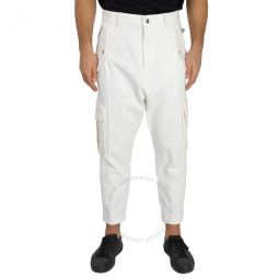 Mens White Mid-Rise Tapered Cargo Pants, Waist Size 33