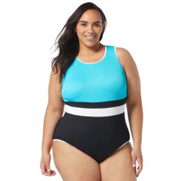 Beach House Womens Plus Size Colorblock Rib Aspire High Neck Back Zip One Piece Swimsuit