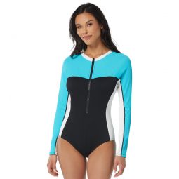 Beach House Womens Color Block Ribbed Sculpt Long Sleeve Zip Front One Piece Swimsuit