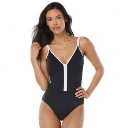Beach House Womens Racy Piping Solid One Piece Zip Front One Piece Swimsuit