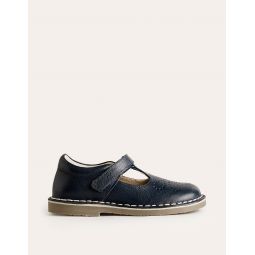 Leather T-Bar Flats - Navy