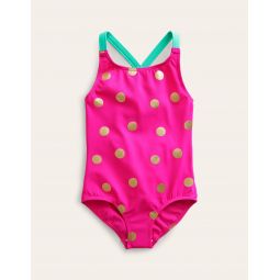 Cross-back Printed Swimsuit - Fuchsia Pink Foil Spot
