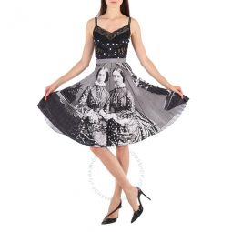Polka Dot And Victorian Portrait Print Dress, Brand Size 6 (US Size 4)