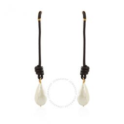 Faux Pearl Detail Knotted Leather Cord Drop Earrings