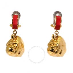 Bright Red Light Gold Leather And Gold-plated Nut And Gorilla Earrings