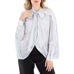Ladies Cool Blue Cape Detail Silk Crepe De Chine Tie-Neck Shirt, Brand Size 8 (US Size 6)