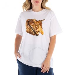 White Carrick Deer Print Cotton T-Shirt, Size Medium