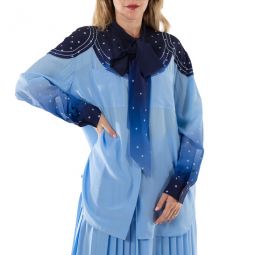 Soft Cornflower Blue Bindie Constellation-Print Silk Blouse, Brand Size 12 (US Size 10)