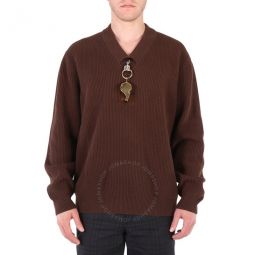 Mens Brown Wool V-Neck Gold-Plated Whistle Detail Rib Knit Sweater, Size Small