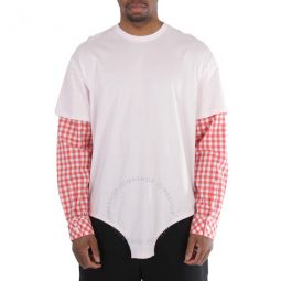 Mens Pale Pink Cut-Out Hem Gingham Sleeve Cotton Oversized T-Shirt, Size Medium