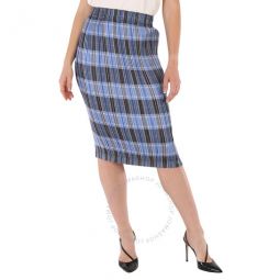 Ladies Pale Blue Check Plisse Pleated Check Pencil Skirt, Brand Size 6 (US Size 4)