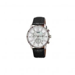 Womens Chronograph Black Genuine Leather Mother of Pearl Dial