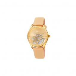 Women's Diamond Accented Flower (Satin Over) Leather Gold (Glitter Effect Flower) Dial Watch