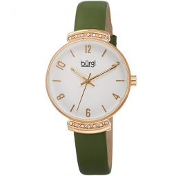 Quartz Crystal Silver Dial Green Leather Ladies Watch