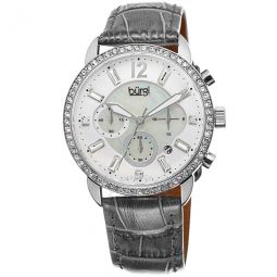 Crystal Chronograph Grey Leather Mother of Pearl Dial Ladies Watch