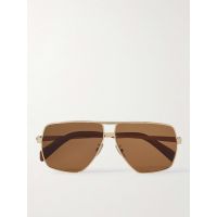 Aviator-Style Gold-Tone and Leather Sunglasses with Chain