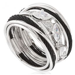 Tango White CZ Stones Steel Black PVD Cable Ring, Size 56